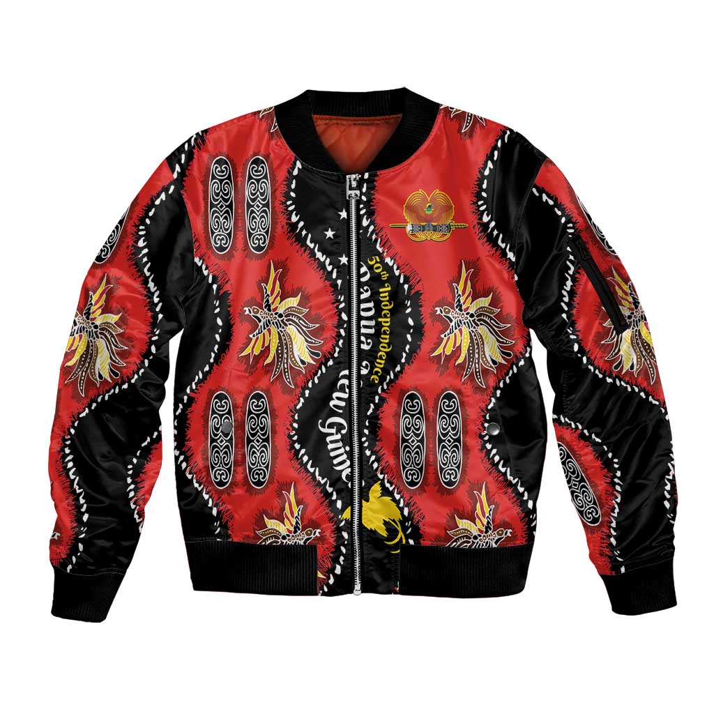 Papua New Guinea 50th Independence Sleeve Zip Bomber Jacket PNG Batik Pattern LT01 Unisex Red - Polynesian Pride