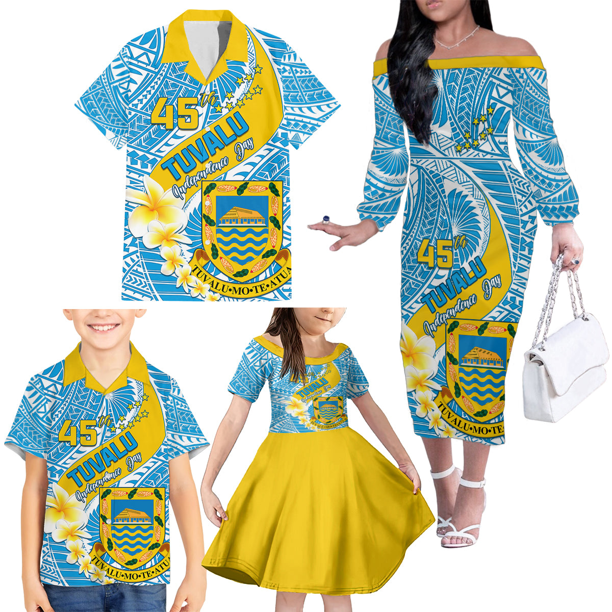 personalised-tuvalu-independence-day-family-matching-off-shoulder-long-sleeve-dress-and-hawaiian-shirt-plumeria-45th-anniversary