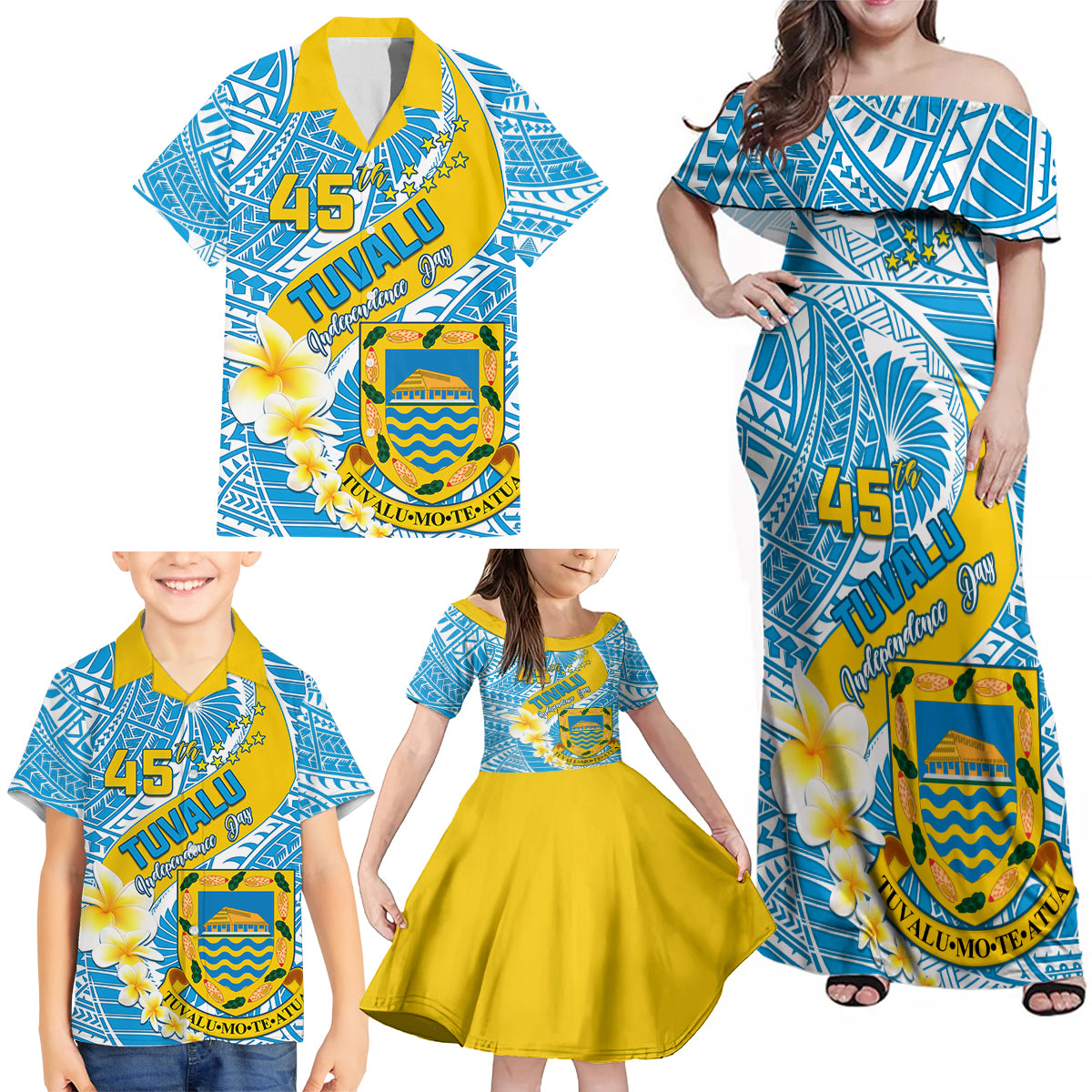 personalised-tuvalu-independence-day-family-matching-off-shoulder-maxi-dress-and-hawaiian-shirt-plumeria-45th-anniversary