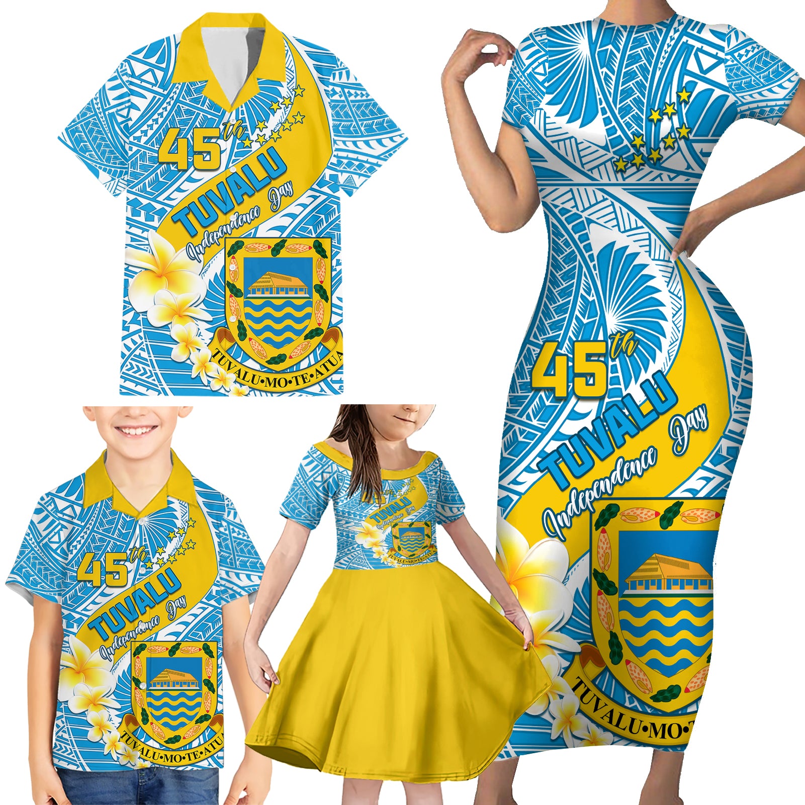 personalised-tuvalu-independence-day-family-matching-short-sleeve-bodycon-dress-and-hawaiian-shirt-plumeria-45th-anniversary