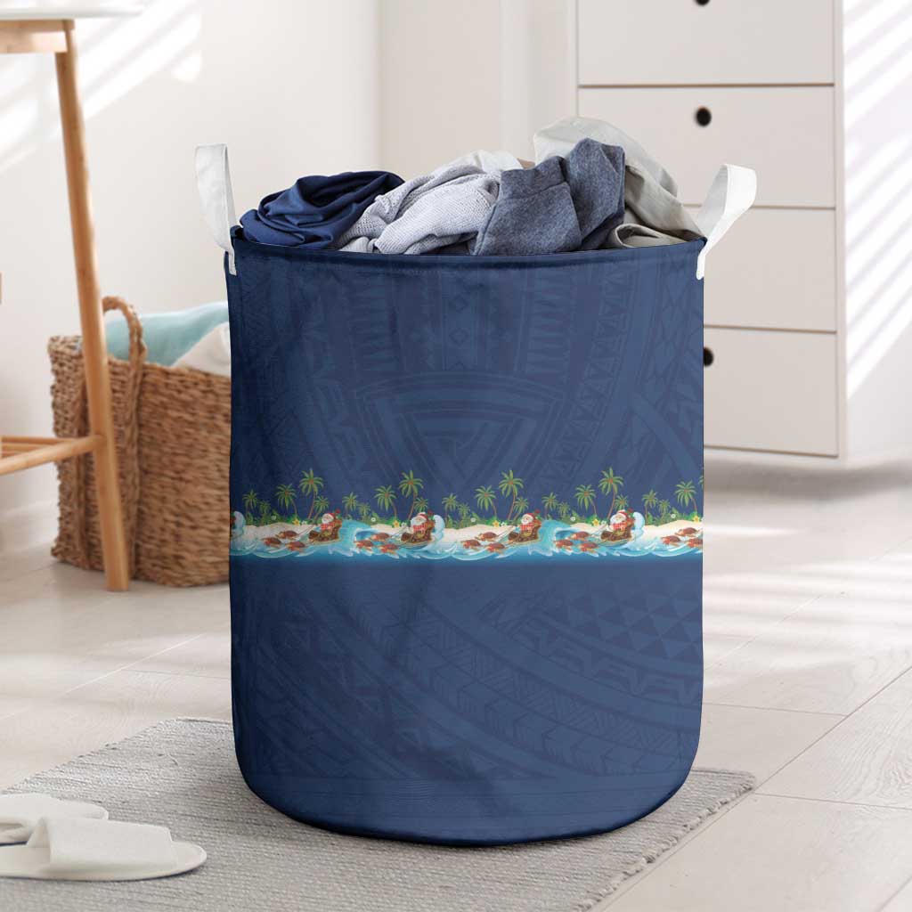 Hawaii Santa Riding Sea Turtle Laundry Basket Mele Kalikimaka Polynesian Pattern LT01 Blue - Polynesian Pride