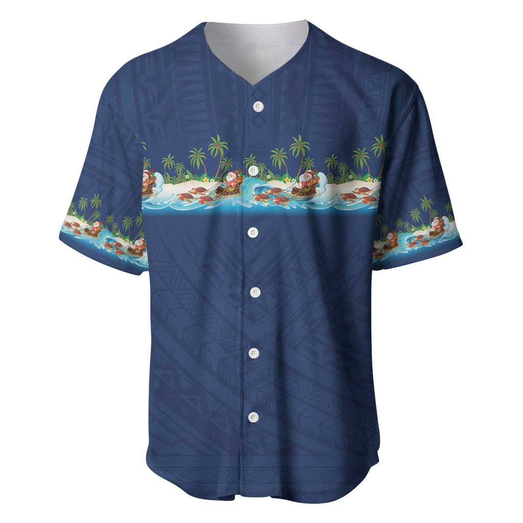 Hawaii Santa Riding Sea Turtle Baseball Jersey Mele Kalikimaka Polynesian Pattern LT01 Blue - Polynesian Pride