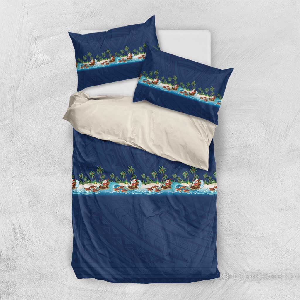 Hawaii Santa Riding Sea Turtle Bedding Set Mele Kalikimaka Polynesian Pattern LT01 US Twin 172cm x 218cm Blue - Polynesian Pride