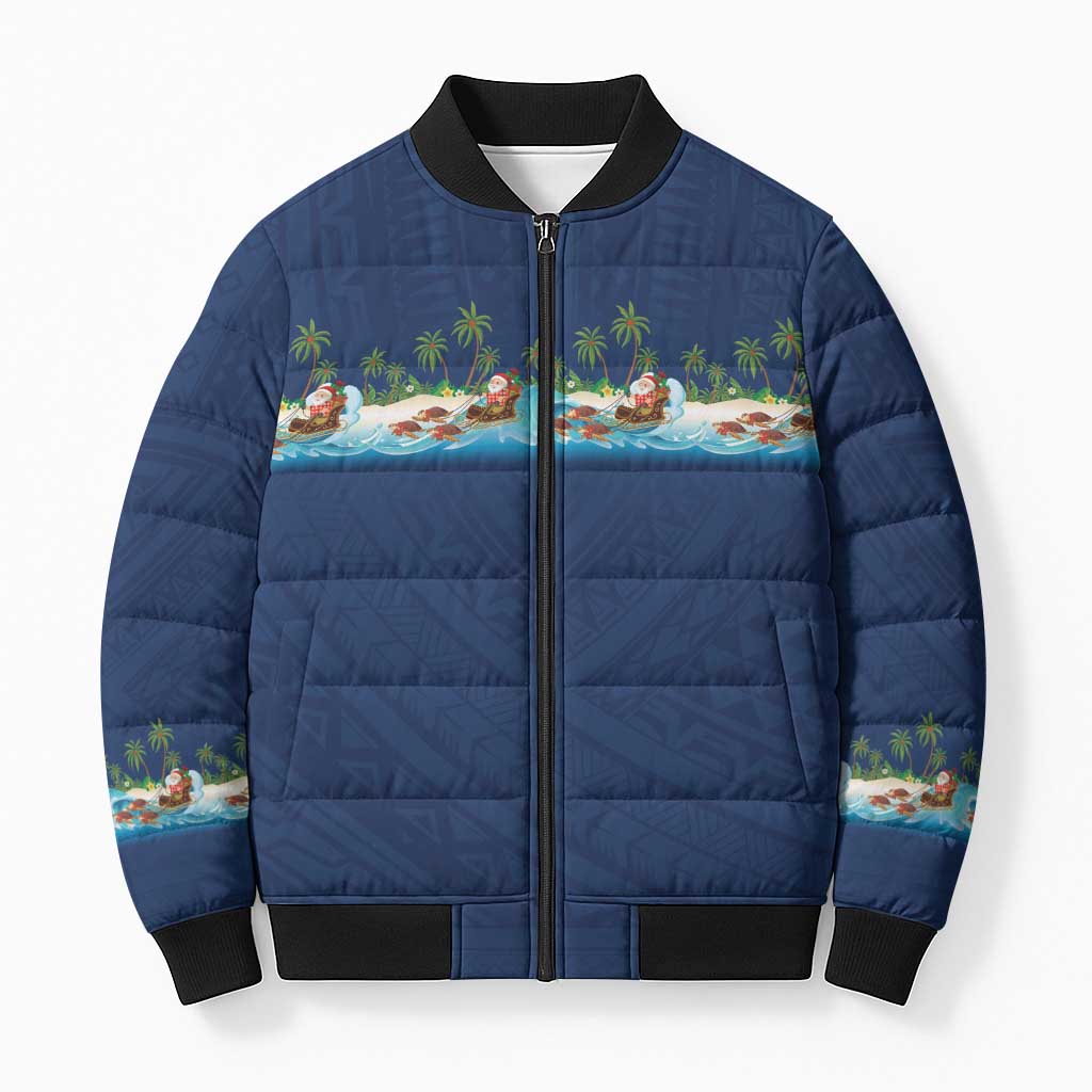 Hawaii Santa Riding Sea Turtle Bomber Puffer Jacket Mele Kalikimaka Polynesian Pattern LT01 Unisex Blue - Polynesian Pride