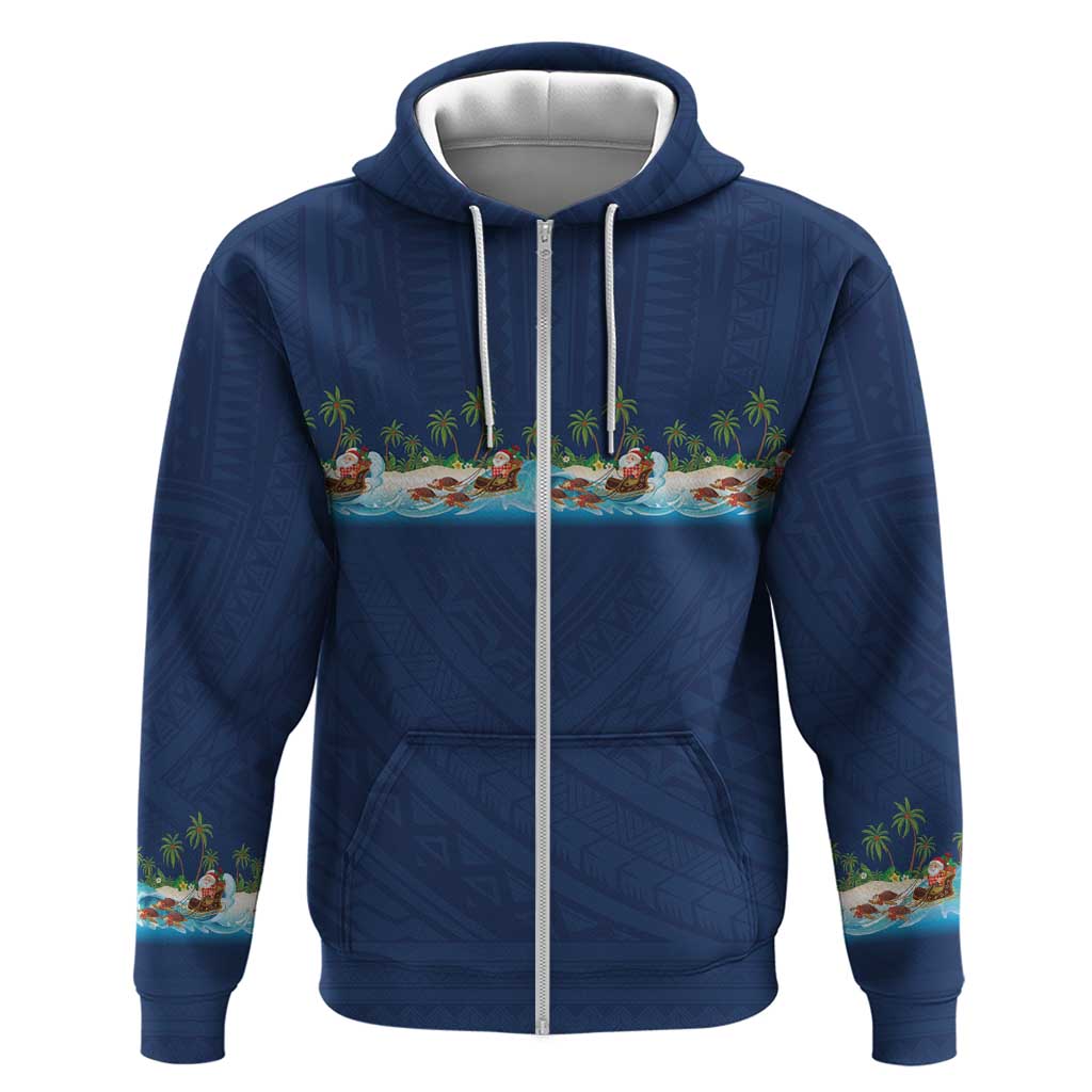 Hawaii Santa Riding Sea Turtle Hoodie Mele Kalikimaka Polynesian Pattern LT01 Zip Hoodie Blue - Polynesian Pride