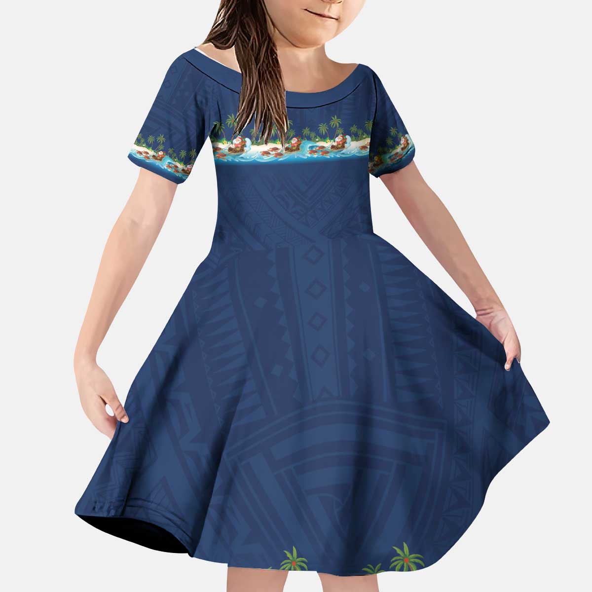 Hawaii Santa Riding Sea Turtle Kid Short Sleeve Dress Mele Kalikimaka Polynesian Pattern LT01 KID Blue - Polynesian Pride