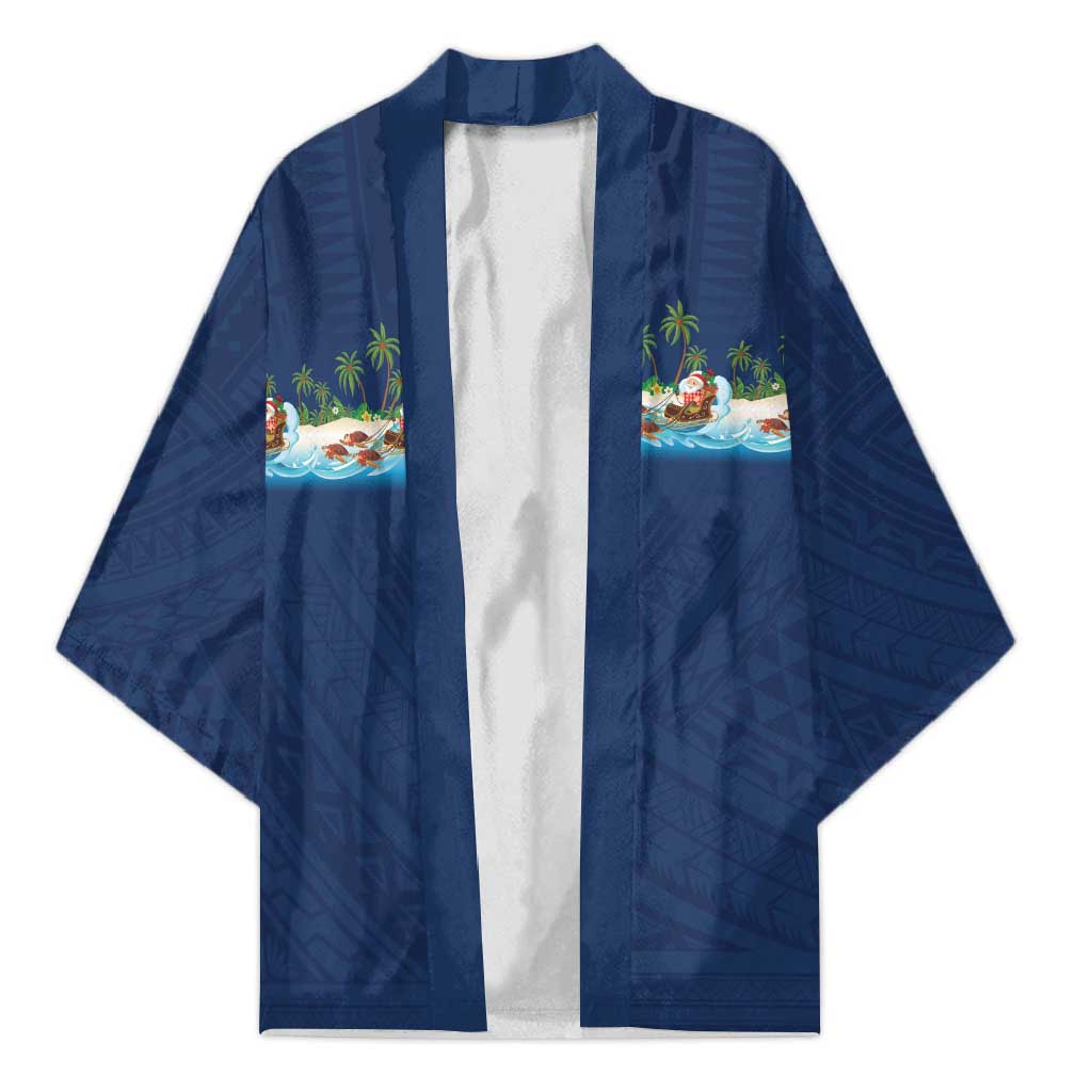 Hawaii Santa Riding Sea Turtle Kimono Mele Kalikimaka Polynesian Pattern LT01 Unisex Blue - Polynesian Pride