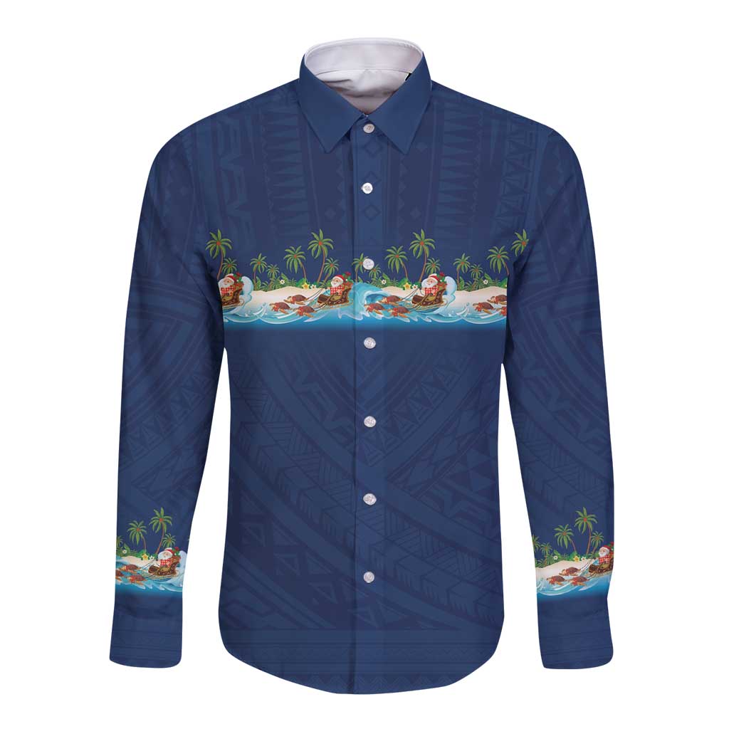 Hawaii Santa Riding Sea Turtle Long Sleeve Button Shirt Mele Kalikimaka Polynesian Pattern LT01 Unisex Blue - Polynesian Pride