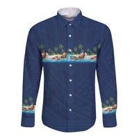 Hawaii Santa Riding Sea Turtle Long Sleeve Button Shirt Mele Kalikimaka Polynesian Pattern LT01 Unisex Blue - Polynesian Pride