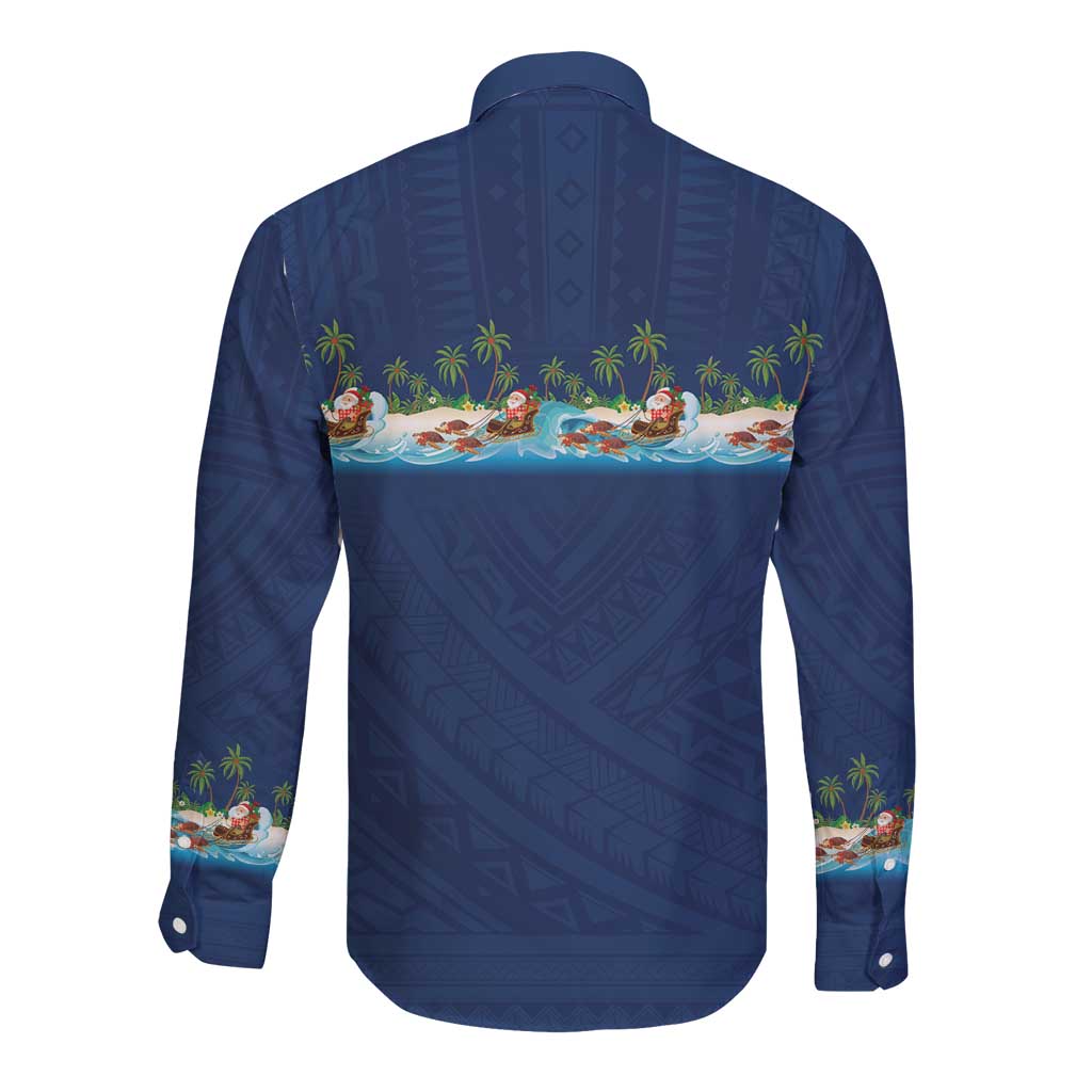 Hawaii Santa Riding Sea Turtle Long Sleeve Button Shirt Mele Kalikimaka Polynesian Pattern LT01 - Polynesian Pride