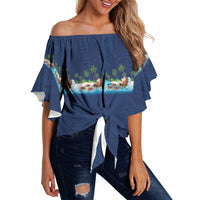 Hawaii Santa Riding Sea Turtle Off Shoulder Wrap Waist Top Mele Kalikimaka Polynesian Pattern LT01 - Polynesian Pride