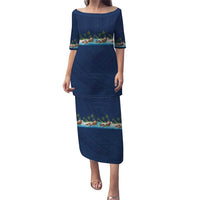 Hawaii Santa Riding Sea Turtle Puletasi Mele Kalikimaka Polynesian Pattern LT01 Long Dress Blue - Polynesian Pride