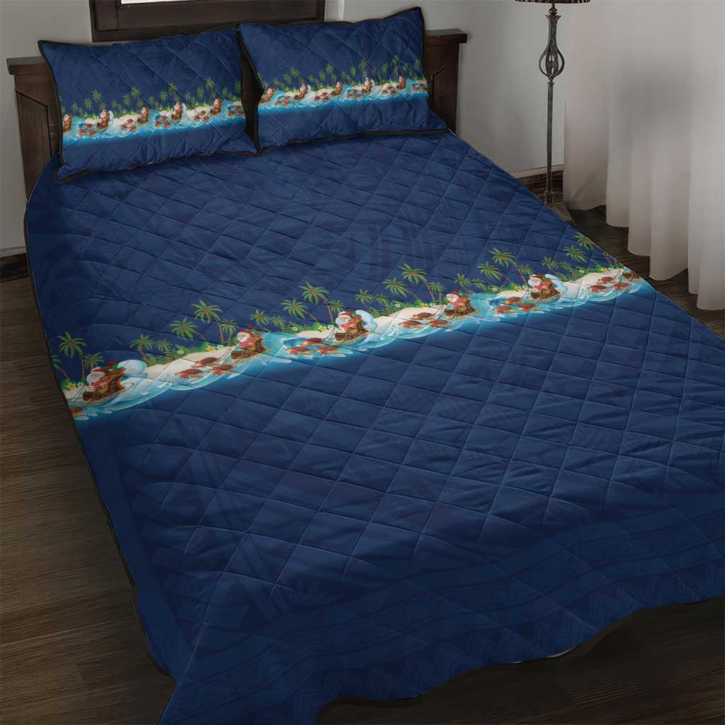 Hawaii Santa Riding Sea Turtle Quilt Bed Set Mele Kalikimaka Polynesian Pattern LT01 Blue - Polynesian Pride