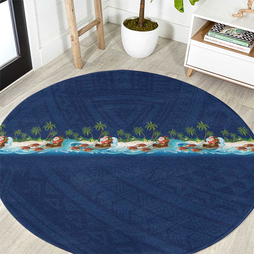 Hawaii Santa Riding Sea Turtle Round Carpet Mele Kalikimaka Polynesian Pattern LT01 Blue - Polynesian Pride