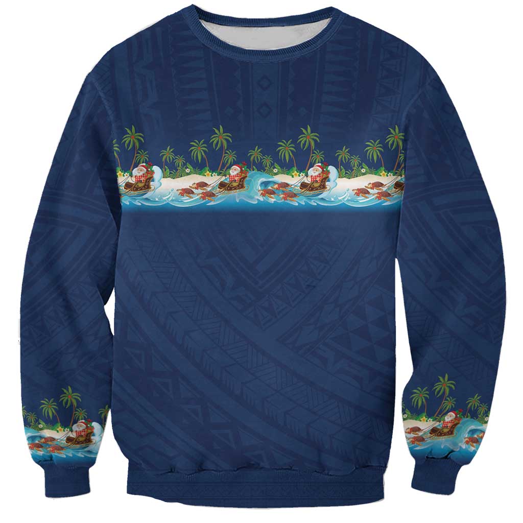 Hawaii Santa Riding Sea Turtle Sweatshirt Mele Kalikimaka Polynesian Pattern LT01 Unisex Blue - Polynesian Pride