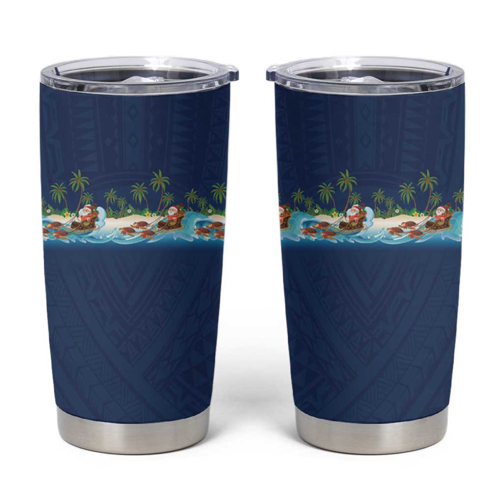 Hawaii Santa Riding Sea Turtle Tumbler Cup Mele Kalikimaka Polynesian Pattern LT01 Blue - Polynesian Pride