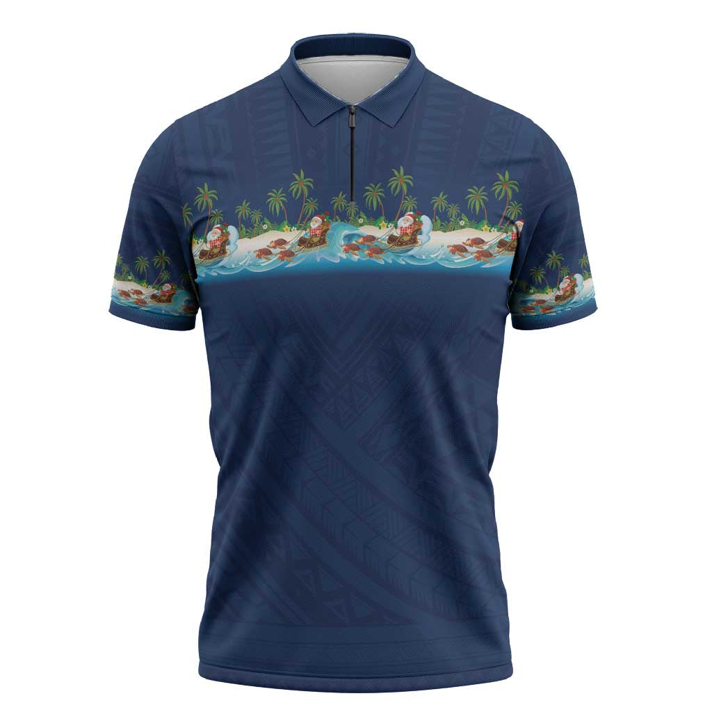Hawaii Santa Riding Sea Turtle Zipper Polo Shirt Mele Kalikimaka Polynesian Pattern LT01 Blue - Polynesian Pride