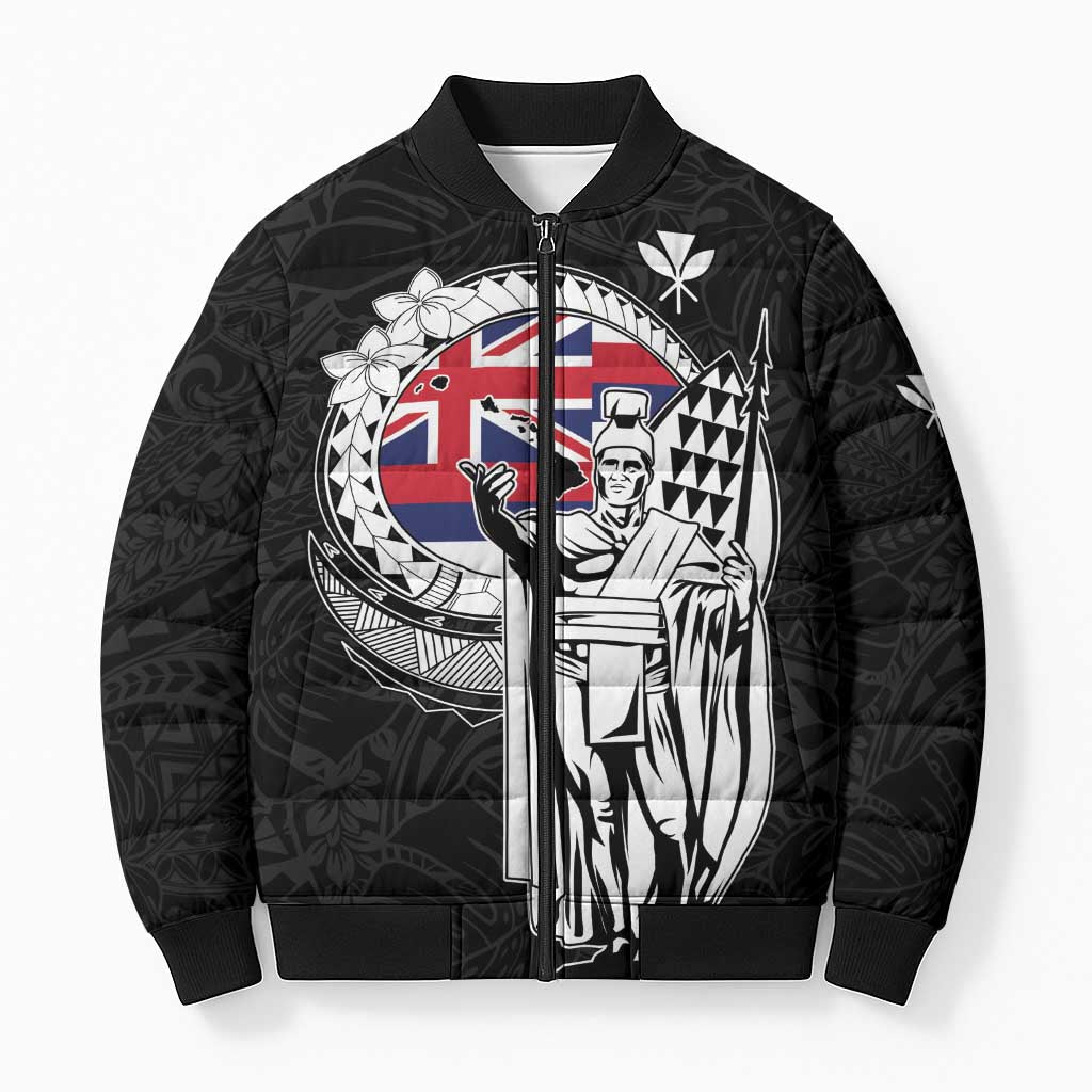 Personalized Hawaii King Kamehameha Bomber Puffer Jacket Flag Polynesian Pattern LT01 Unisex Black - Polynesian Pride