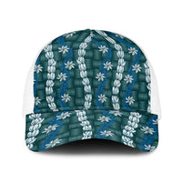 Pikake Maile Tiare Lei Baseball Net Cap Polu Lauhala Pattern LT01 One Size White Blue - Polynesian Pride