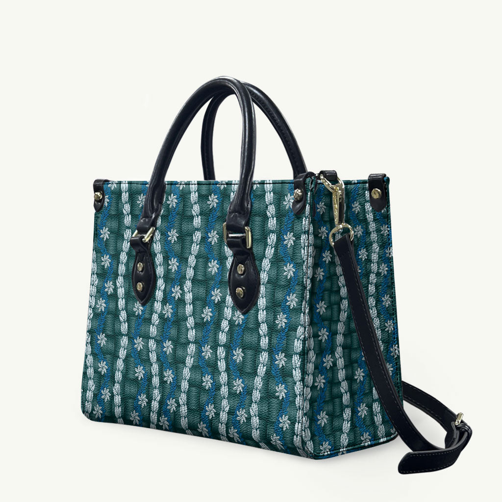 Pikake Maile Tiare Lei Leather Bag Polu Lauhala Pattern LT01 Blue - Polynesian Pride