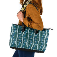 Pikake Maile Tiare Lei Leather Tote Bag Polu Lauhala Pattern LT01 Blue - Polynesian Pride