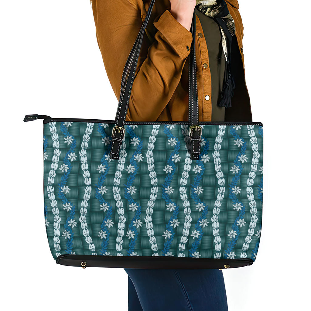Pikake Maile Tiare Lei Leather Tote Bag Polu Lauhala Pattern LT01 - Polynesian Pride