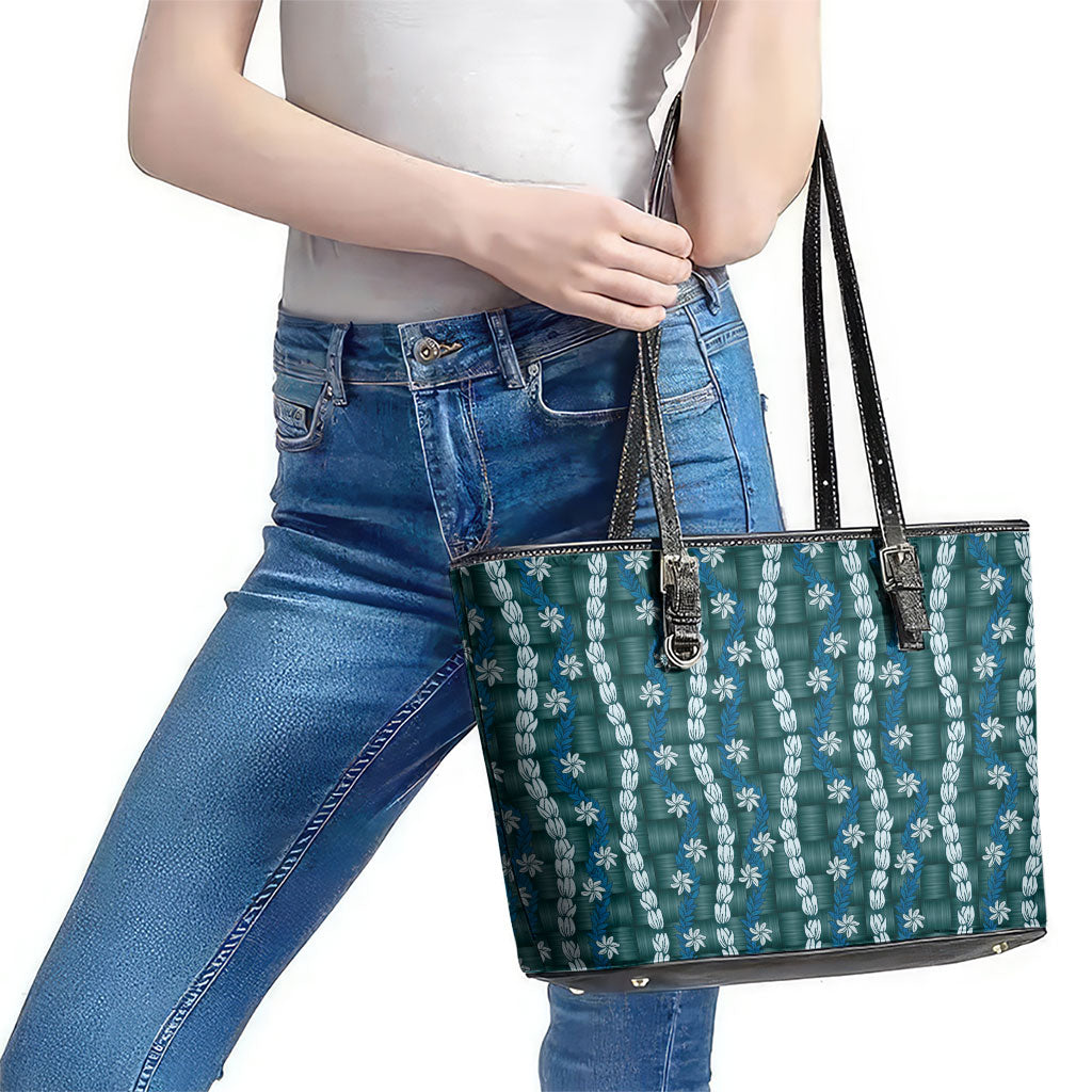 Pikake Maile Tiare Lei Leather Tote Bag Polu Lauhala Pattern LT01 - Polynesian Pride