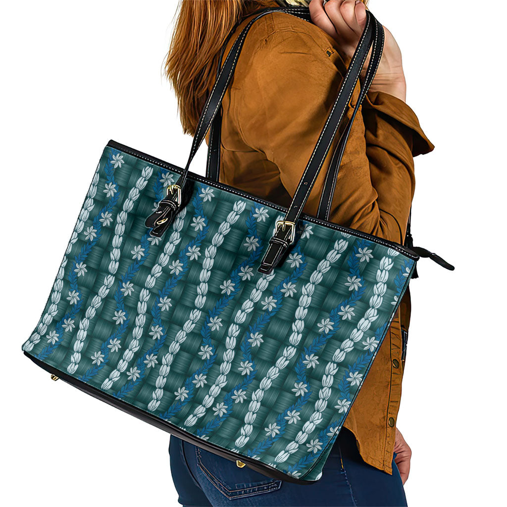 Pikake Maile Tiare Lei Leather Tote Bag Polu Lauhala Pattern LT01 - Polynesian Pride