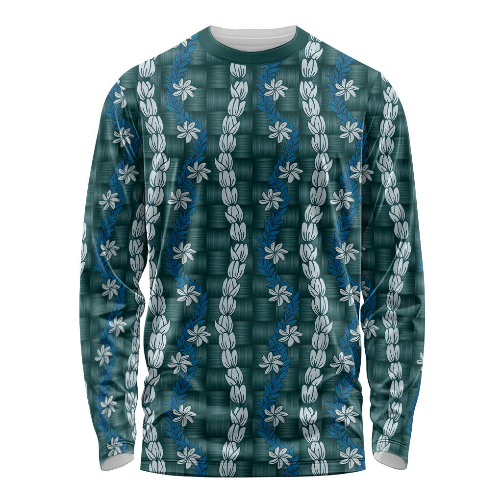 Pikake Maile Tiare Lei Long Sleeve Shirt Polu Lauhala Pattern LT01 Unisex Blue - Polynesian Pride