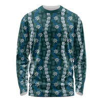 Pikake Maile Tiare Lei Long Sleeve Shirt Polu Lauhala Pattern LT01 Unisex Blue - Polynesian Pride