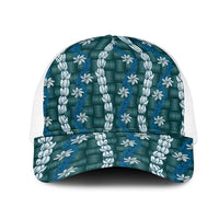 Pikake Maile Tiare Lei Mesh Trucker Cap Polu Lauhala Pattern LT01 One Size White Blue - Polynesian Pride