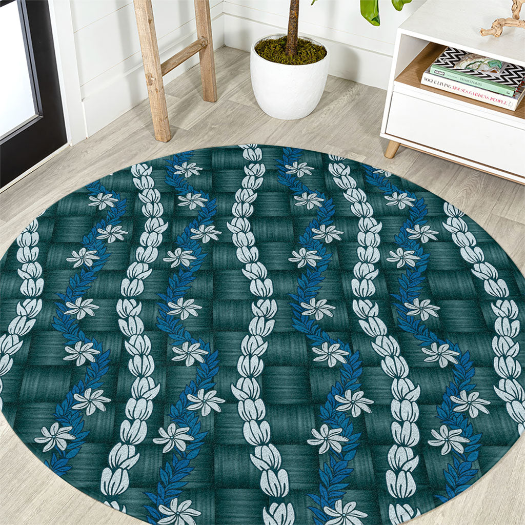 Pikake Maile Tiare Lei Round Carpet Polu Lauhala Pattern LT01 Blue - Polynesian Pride