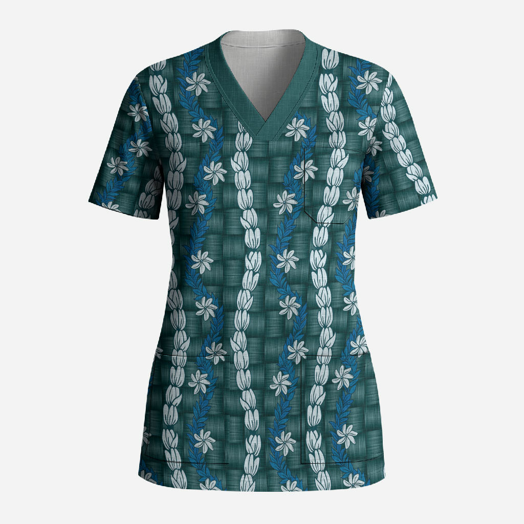 Pikake Maile Tiare Lei Scrub Top Polu Lauhala Pattern LT01 Adult Blue - Polynesian Pride