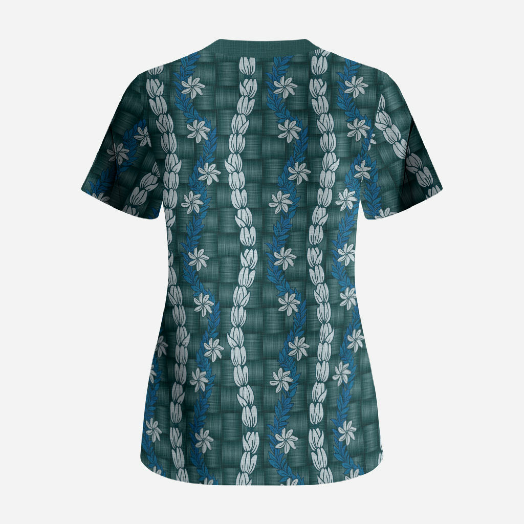Pikake Maile Tiare Lei Scrub Top Polu Lauhala Pattern LT01 - Polynesian Pride