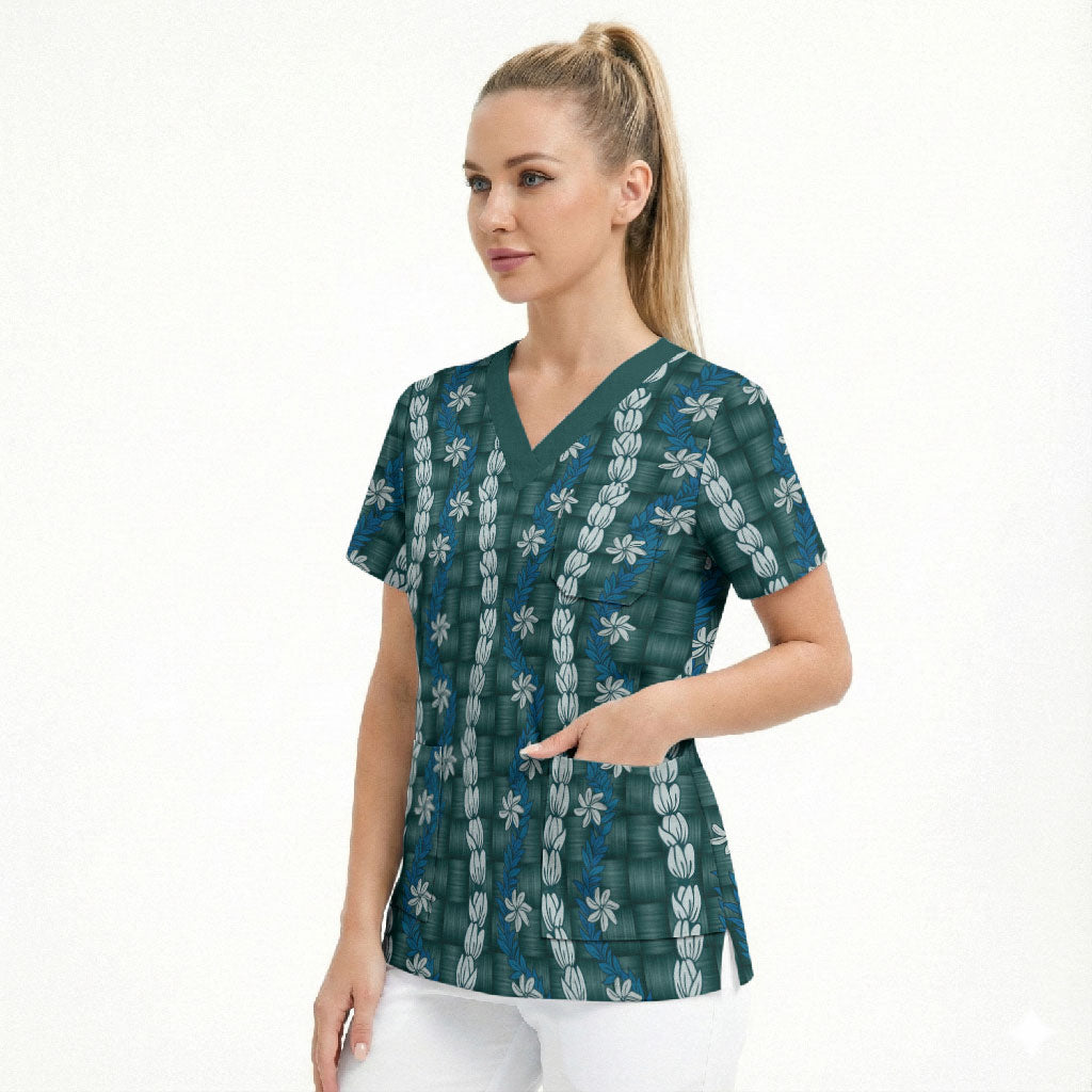 Pikake Maile Tiare Lei Scrub Top Polu Lauhala Pattern LT01 - Polynesian Pride