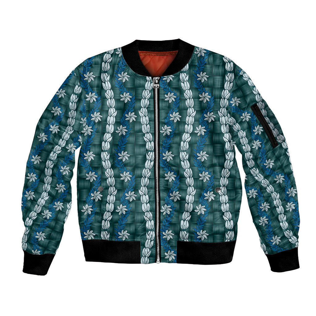 Pikake Maile Tiare Lei Sleeve Zip Bomber Jacket Polu Lauhala Pattern LT01 Unisex Blue - Polynesian Pride