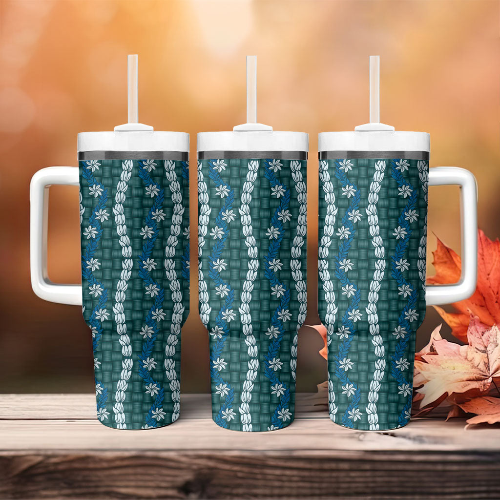 Pikake Maile Tiare Lei Tumbler With Handle Polu Lauhala Pattern LT01 - Polynesian Pride
