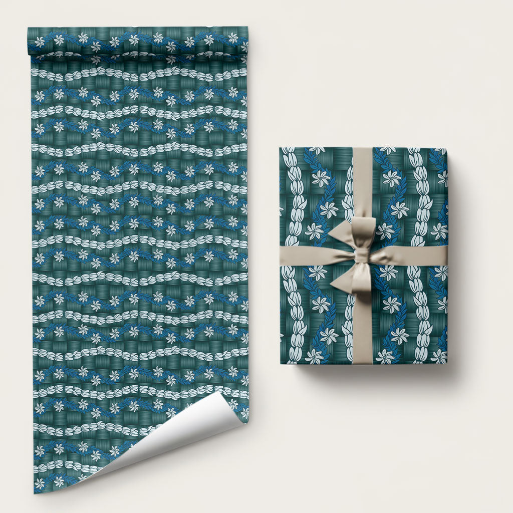 Pikake Maile Tiare Lei Wrapping Paper Polu Lauhala Pattern LT01 58" × 23" Blue - Polynesian Pride