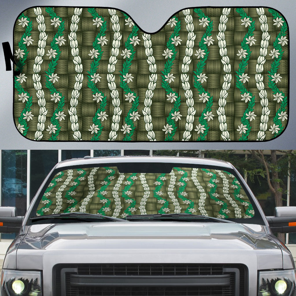 Pikake Maile Tiare Lei Auto Sun Shade Omaomao Lauhala Pattern LT01 Green - Polynesian Pride
