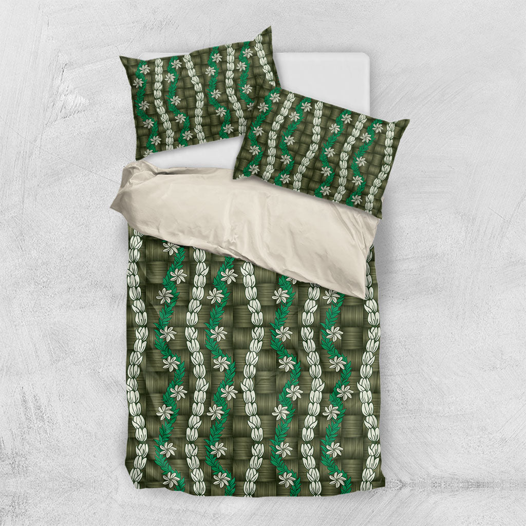 Pikake Maile Tiare Lei Bedding Set Omaomao Lauhala Pattern LT01 US Twin 172cm x 218cm Green - Polynesian Pride