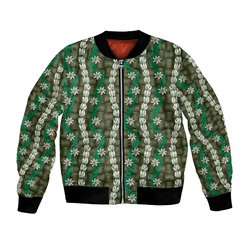 Pikake Maile Tiare Lei Bomber Jacket Omaomao Lauhala Pattern LT01 Unisex Green - Polynesian Pride