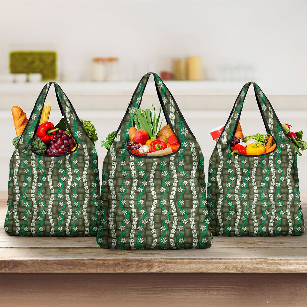 Pikake Maile Tiare Lei Grocery Bag Omaomao Lauhala Pattern LT01 3-pack One Size Green - Polynesian Pride