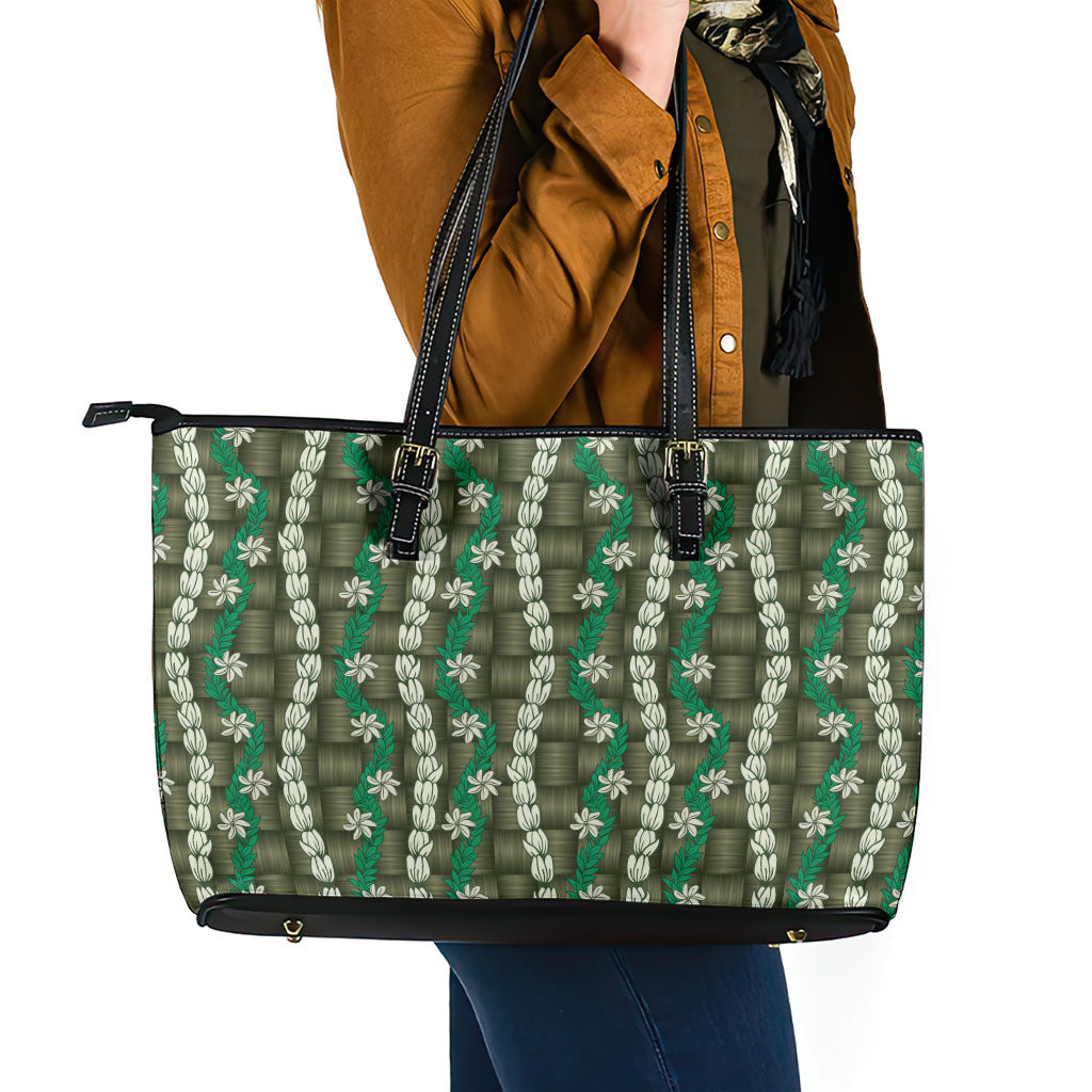 Pikake Maile Tiare Lei Leather Tote Bag Omaomao Lauhala Pattern LT01 - Polynesian Pride