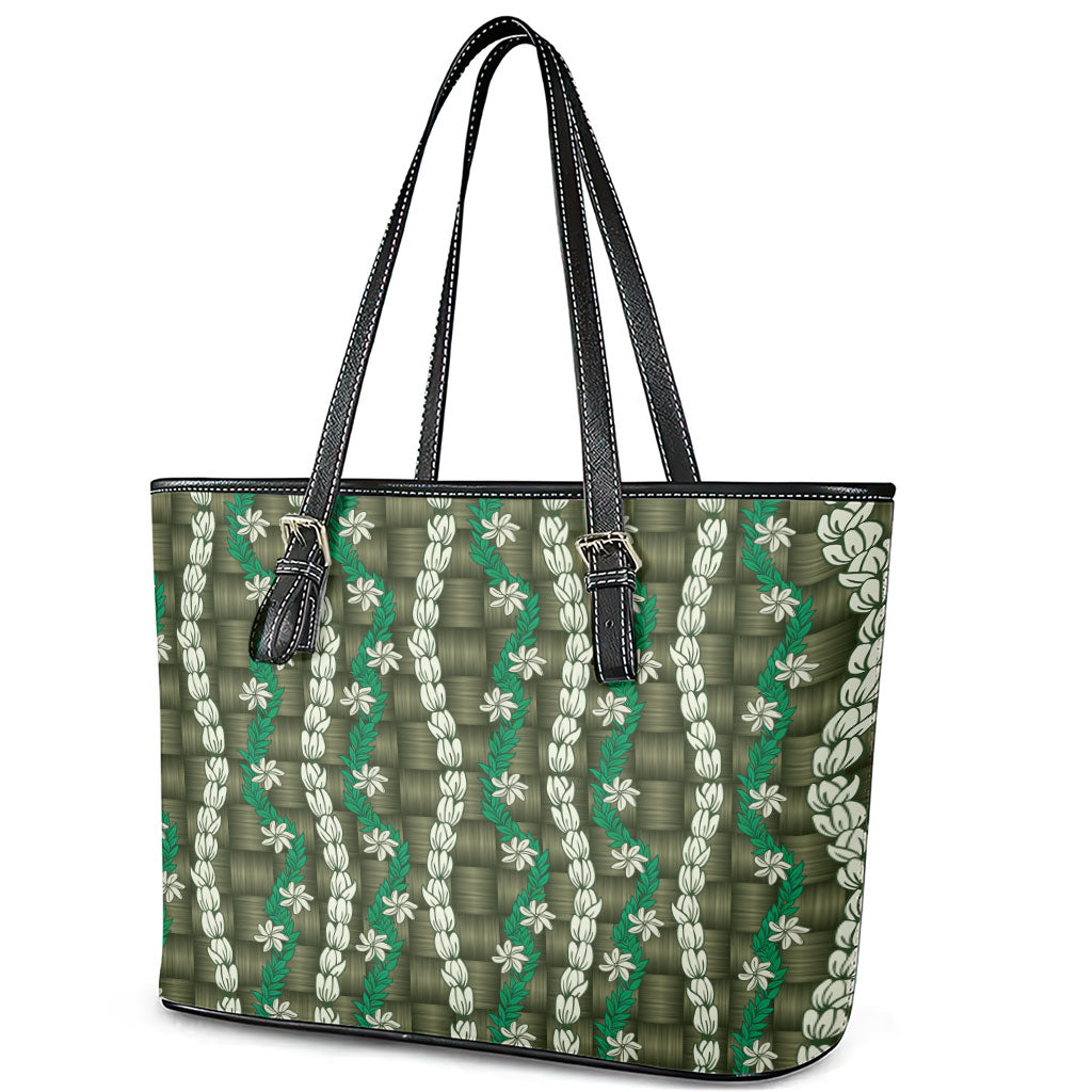 Pikake Maile Tiare Lei Leather Tote Bag Omaomao Lauhala Pattern LT01 - Polynesian Pride