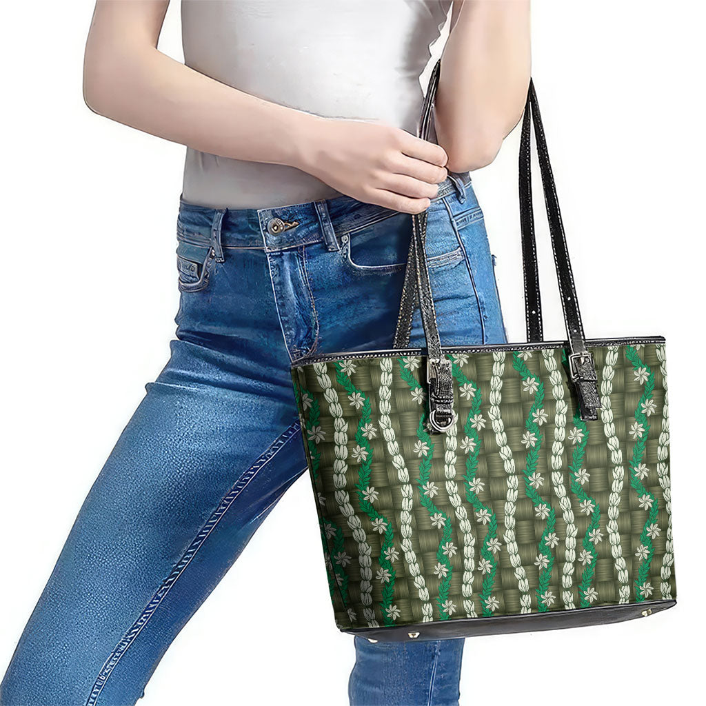 Pikake Maile Tiare Lei Leather Tote Bag Omaomao Lauhala Pattern LT01 - Polynesian Pride