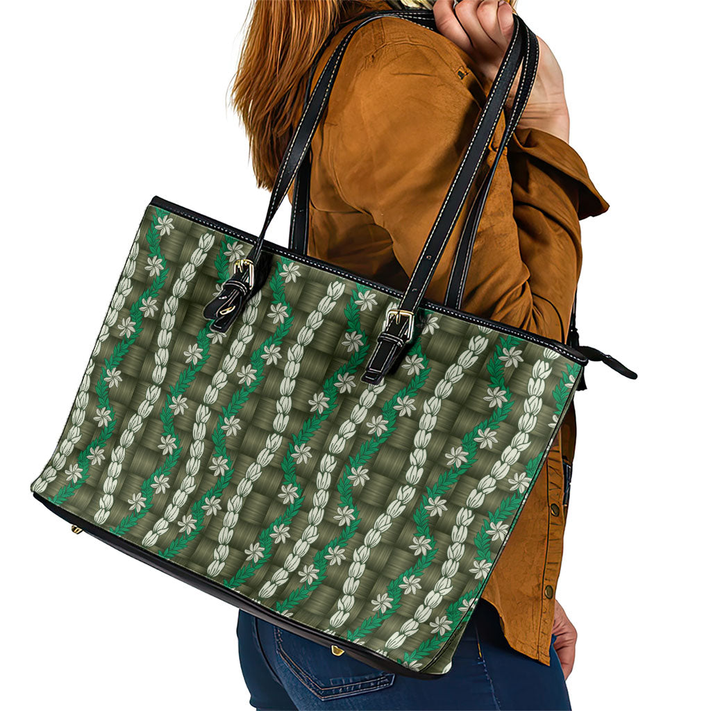 Pikake Maile Tiare Lei Leather Tote Bag Omaomao Lauhala Pattern LT01 - Polynesian Pride