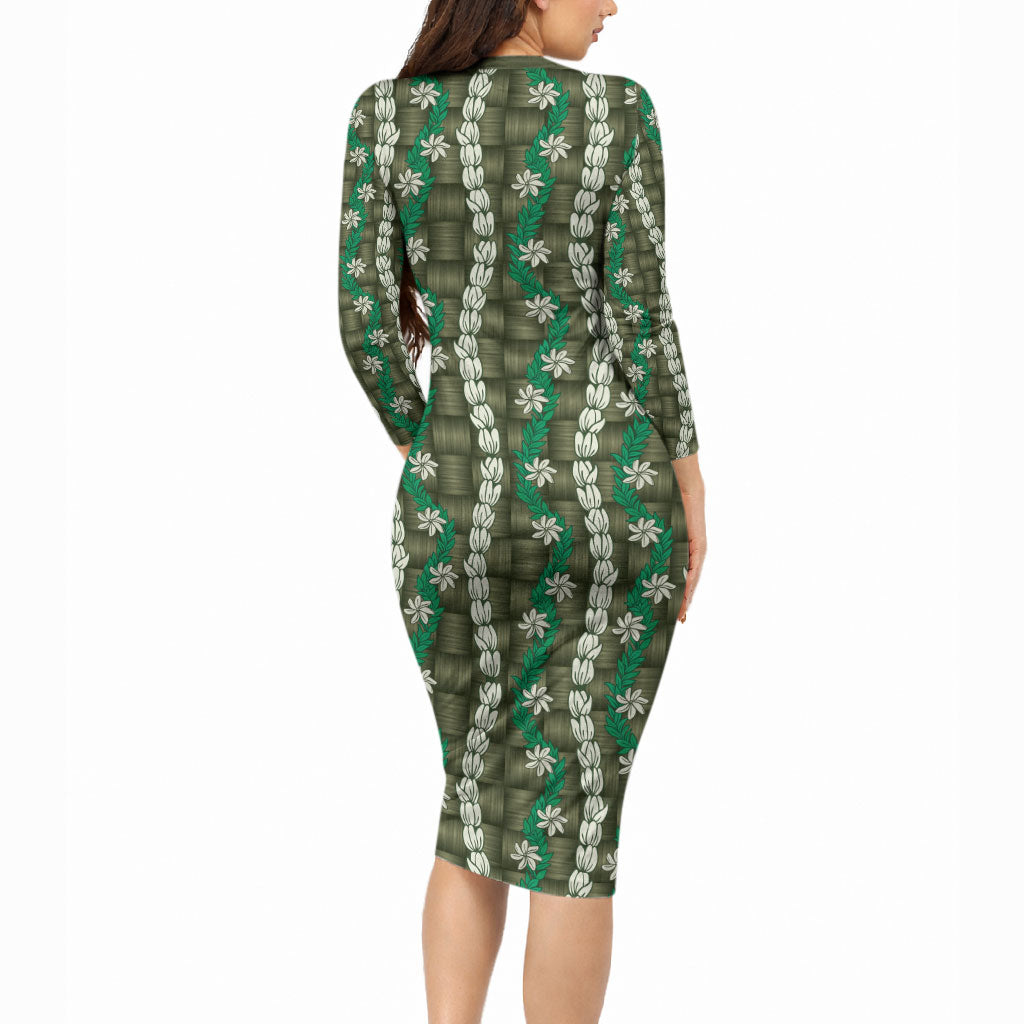 Pikake Maile Tiare Lei Long Sleeve Bodycon Dress Omaomao Lauhala Pattern LT01 - Polynesian Pride