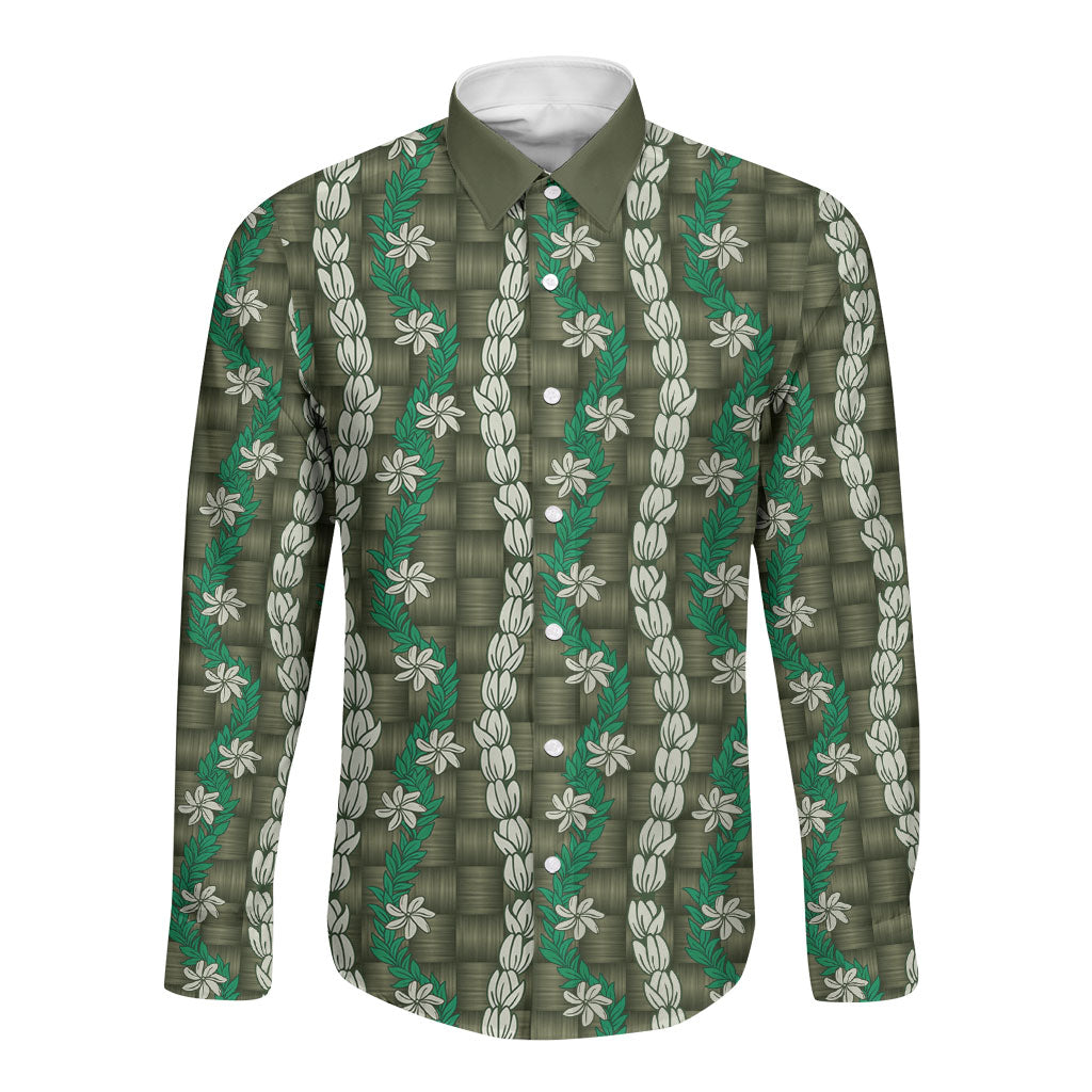 Pikake Maile Tiare Lei Long Sleeve Button Shirt Omaomao Lauhala Pattern LT01 Unisex Green - Polynesian Pride