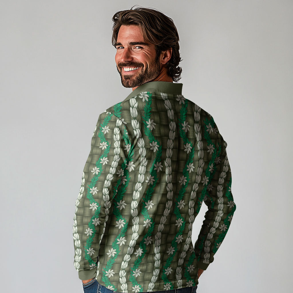 Pikake Maile Tiare Lei Long Sleeve Polo Shirt Omaomao Lauhala Pattern LT01 - Polynesian Pride