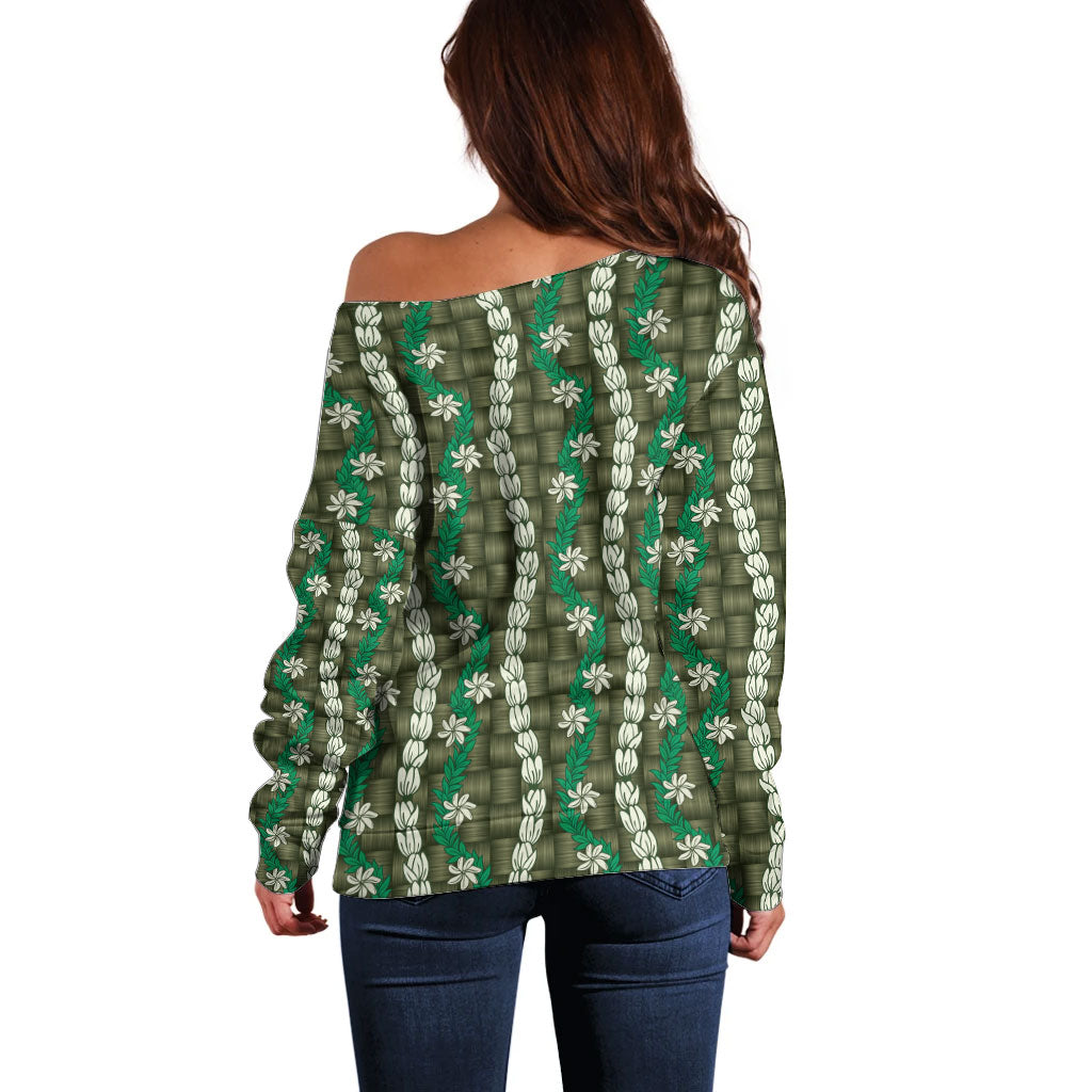 Pikake Maile Tiare Lei Off Shoulder Sweater Omaomao Lauhala Pattern LT01 - Polynesian Pride